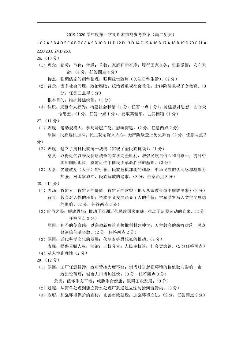 江苏省徐州市2019-2020学年高二上学期期末抽测历史试题答案第1页