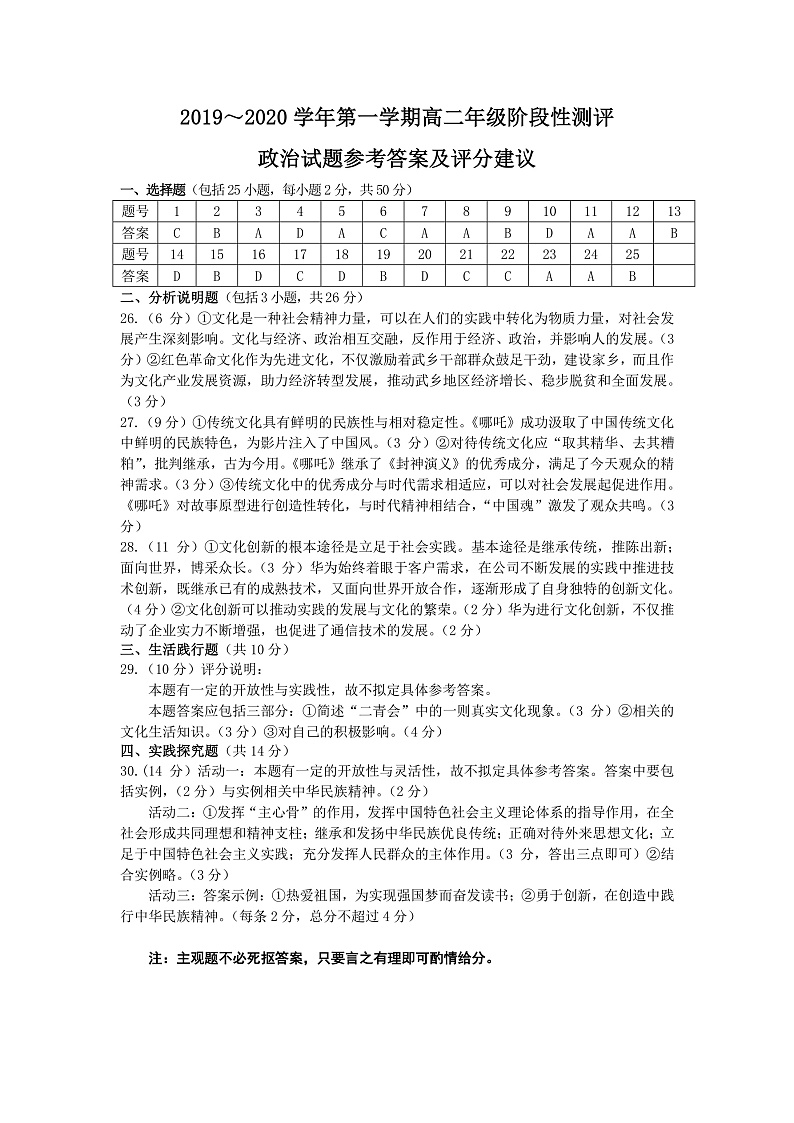 山西省太原市第六十六中学2019-2020学年高二上学期期中考试政治答案（PDF版）第1页