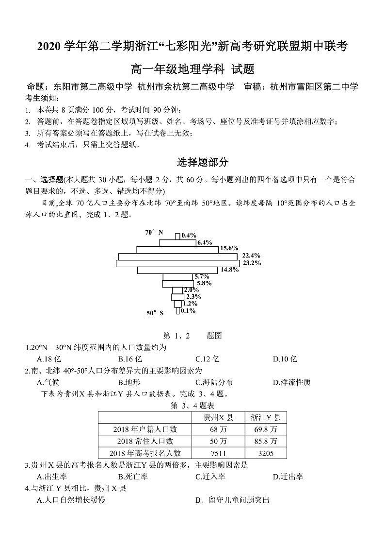 浙江省七彩阳光新高考研究联盟2020-2021学年高一下学期期中联考地理试题 Word版含答案第1页