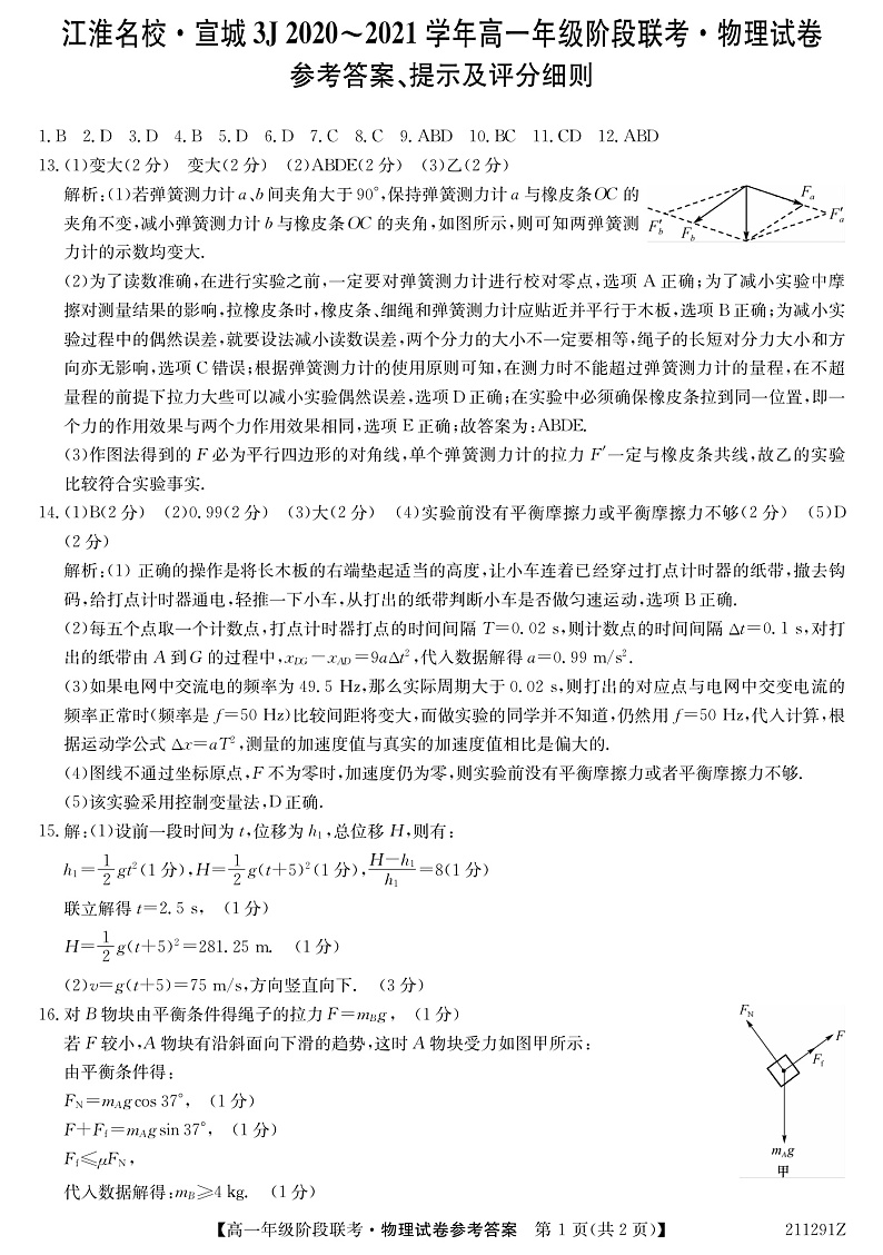 2021江淮名校宣城高一上学期联考物理试题PDF版含答案01