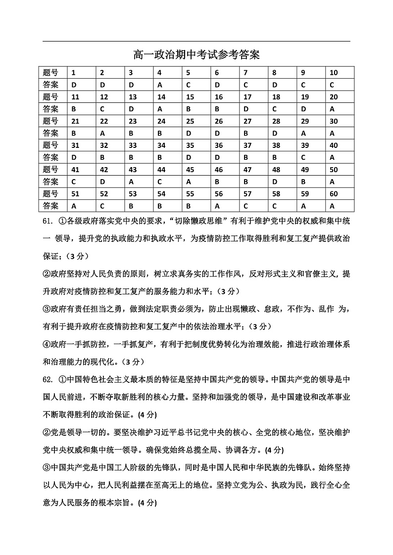 2020唐山一中高一下学期期中考试政治试题含答案01