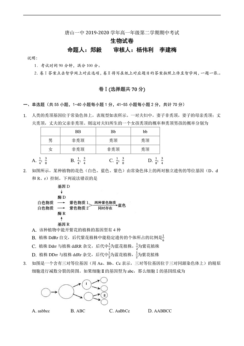 2020唐山一中高一下学期期中考试生物试题含答案01