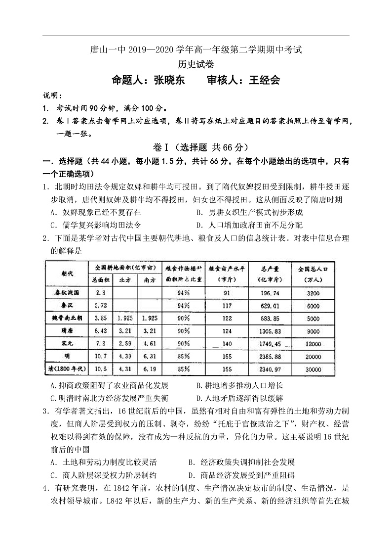 2020唐山一中高一下学期期中考试历史试题含答案01