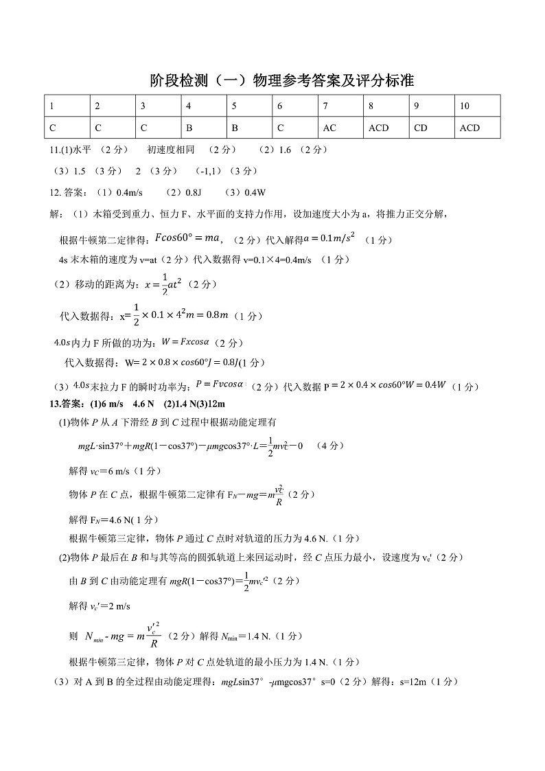 2020省大庆实验中学高一下学期第一次阶段考试物理试题PDF版含答案01