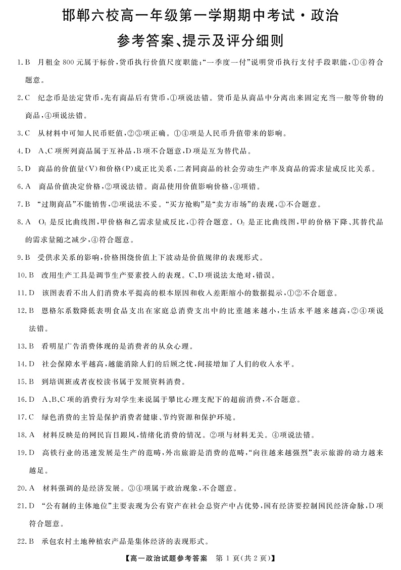 河北省邯郸市六校（大名县、磁县等六县一中）2019-2020学年高一上学期期中考试政治答案第1页