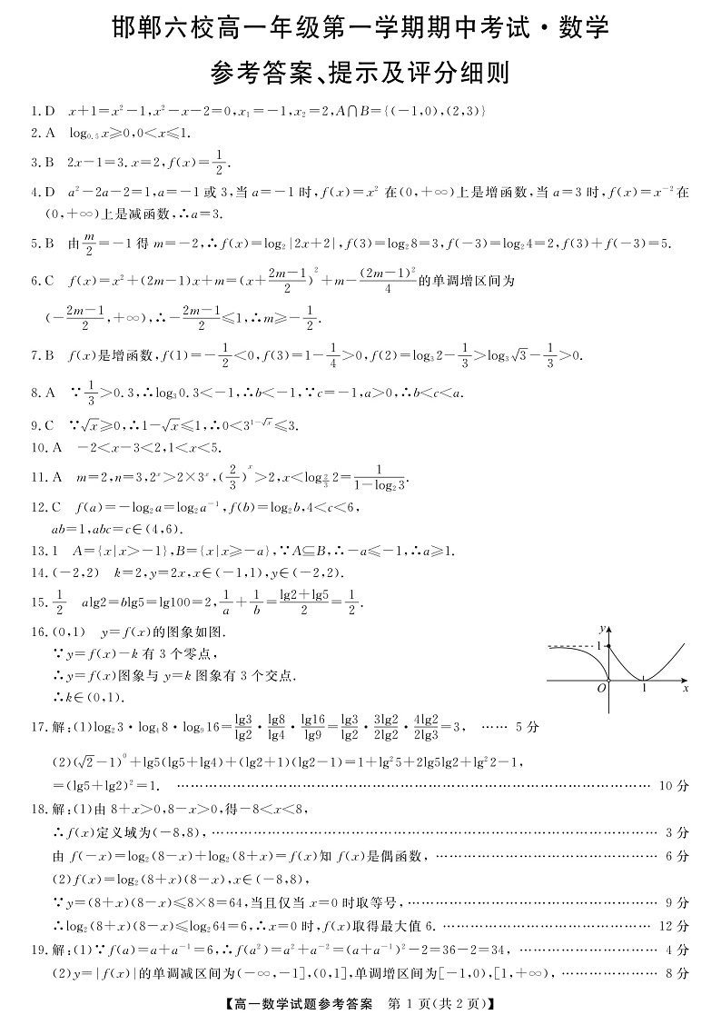 河北省邯郸市六校（大名县、磁县等六县一中）2019-2020学年高一上学期期中考试数学答案第1页