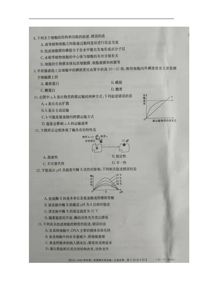 吉林省白城市通榆第一中学2019-2020学年高一上学期期末考试生物试题 扫描版含答案第2页