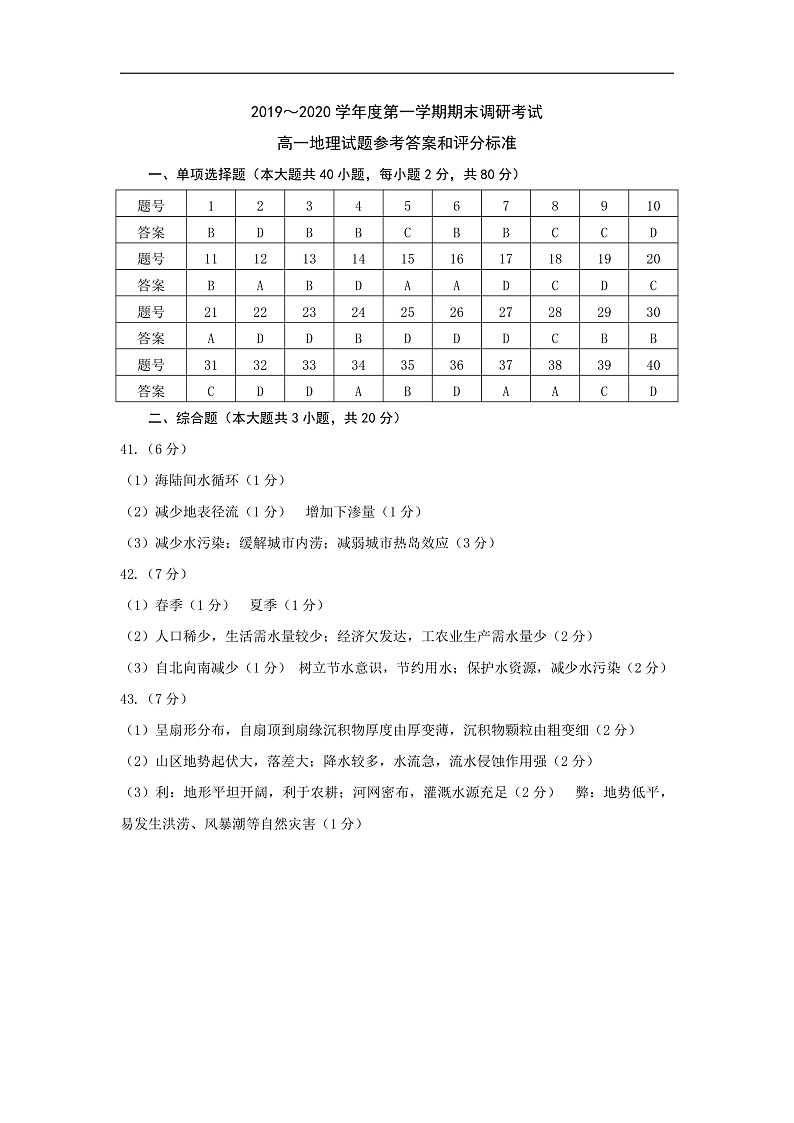 2020连云港高一上学期期末地理试题PDF版含答案01