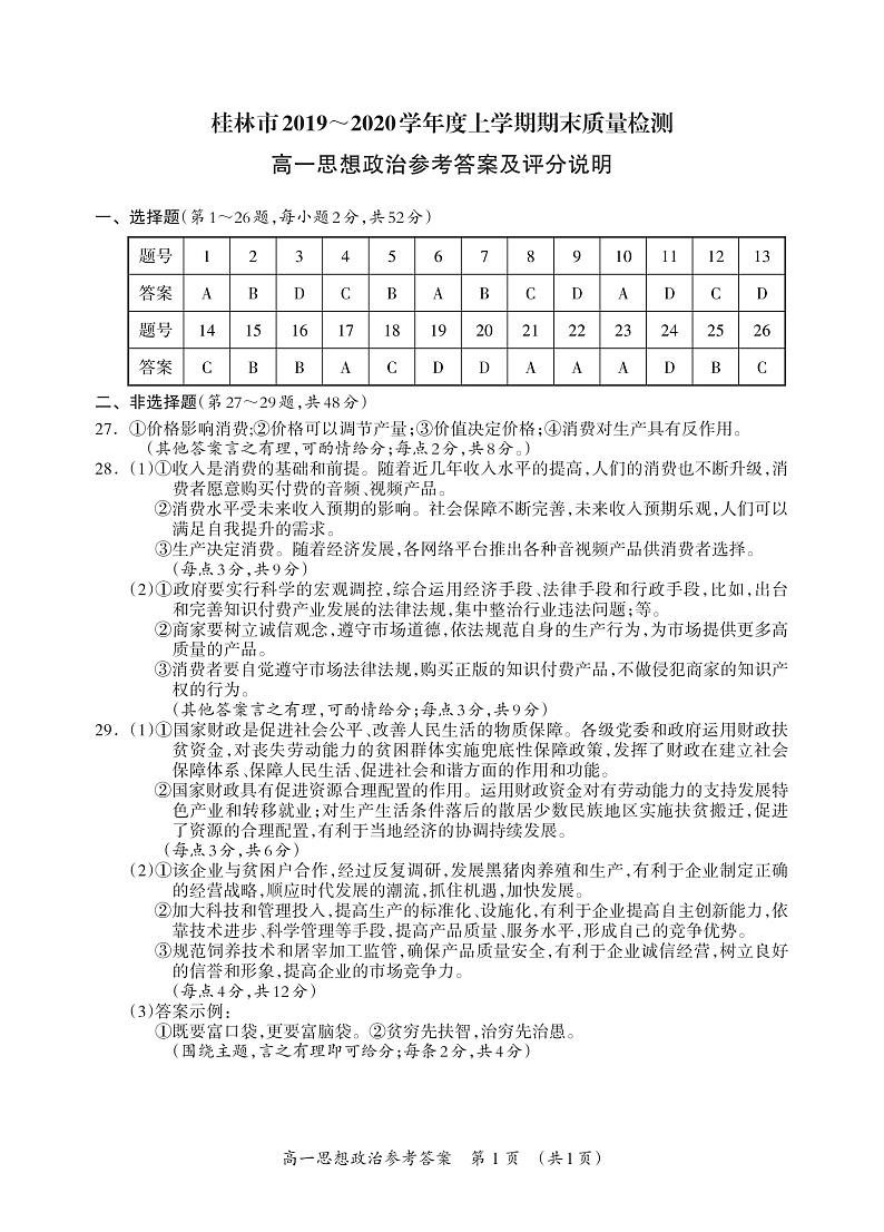 2020桂林高一上学期期末考试政治试题扫描版含答案01