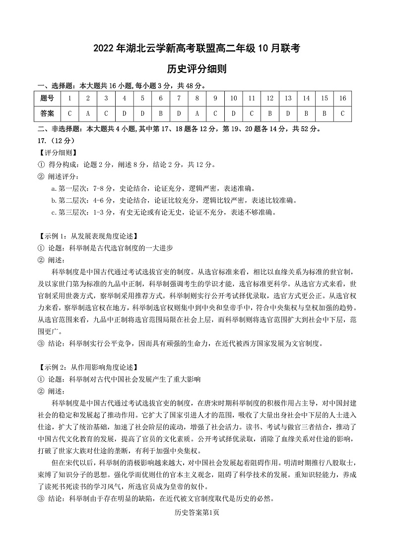 2022-2023学年湖北省云学新高考联盟学校高二上学期10月联考 历史试题 PDF版01