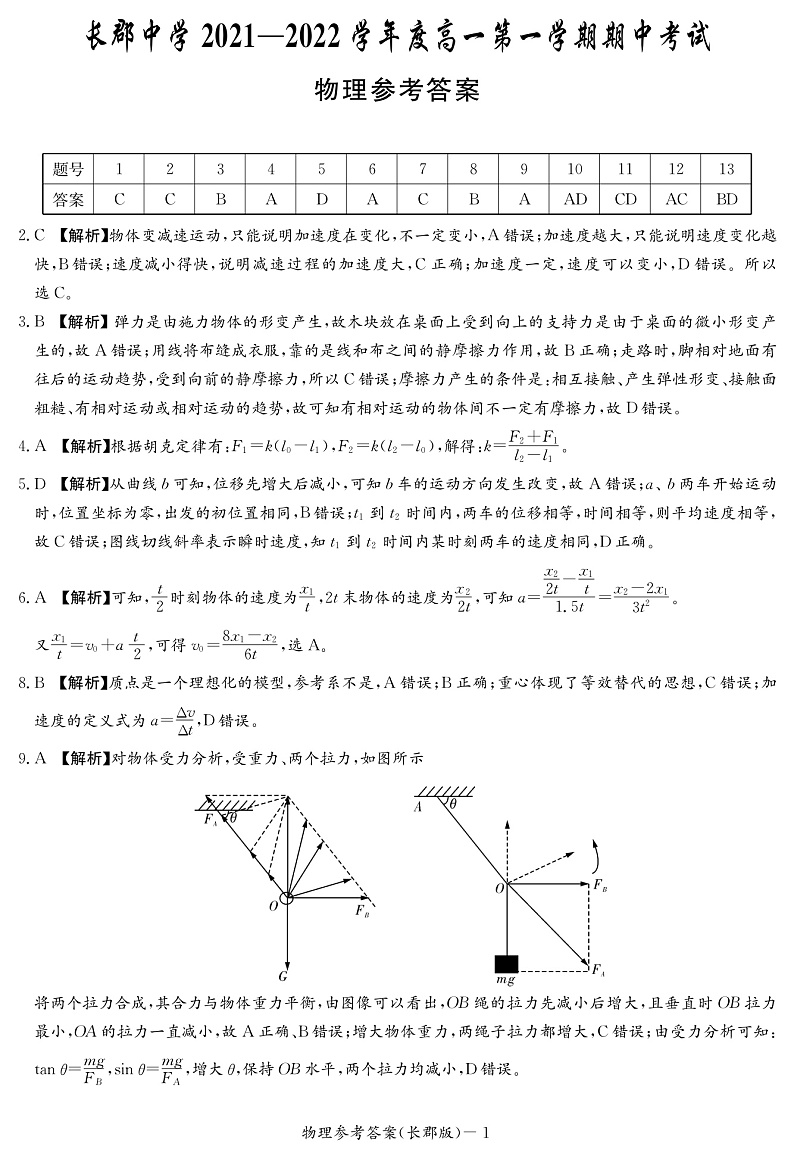 湖南省长沙市长郡中学2021-2022学年高一上学期期中考试物理试卷（答案解析）第1页
