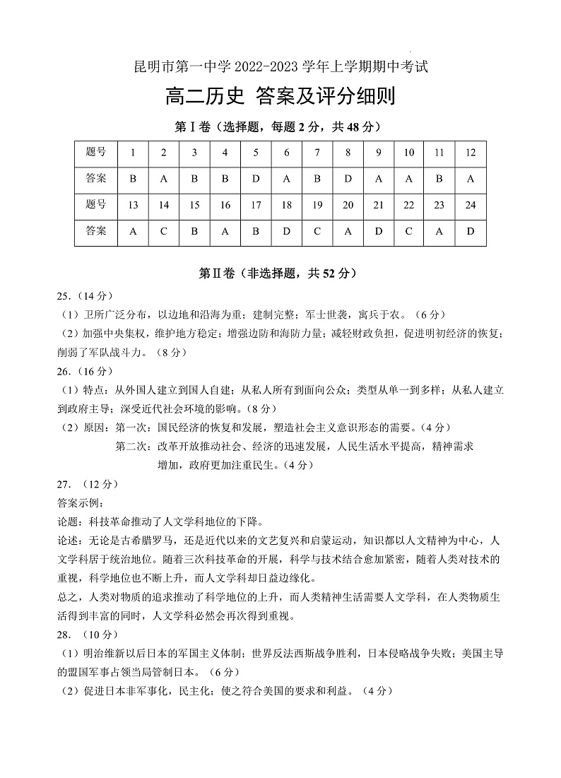 2023昆明一中高二上学期期中考试历史试题PDF版含答案01