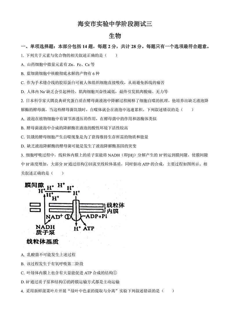 江苏省海安市实验中学2022-2023学年高三9月月考生物试题  Word版无答案   第1页