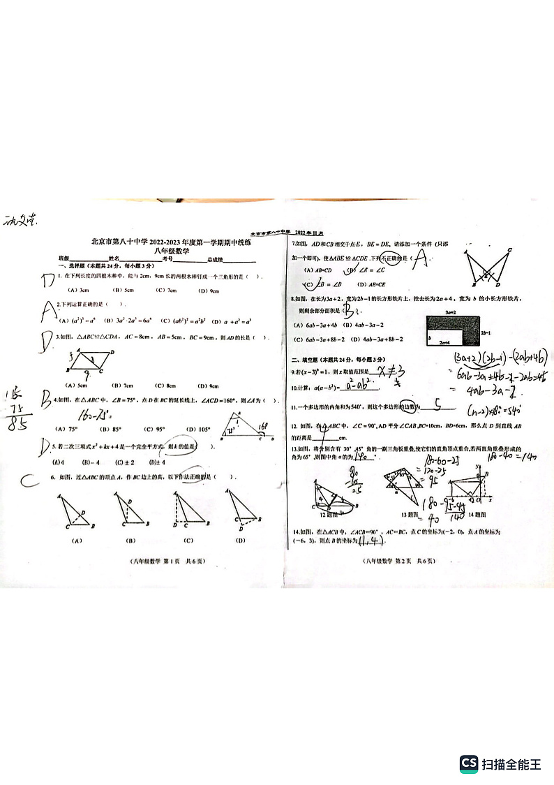 2022北京八十中初二上期中数学考试试卷（PDF无答案）第1页