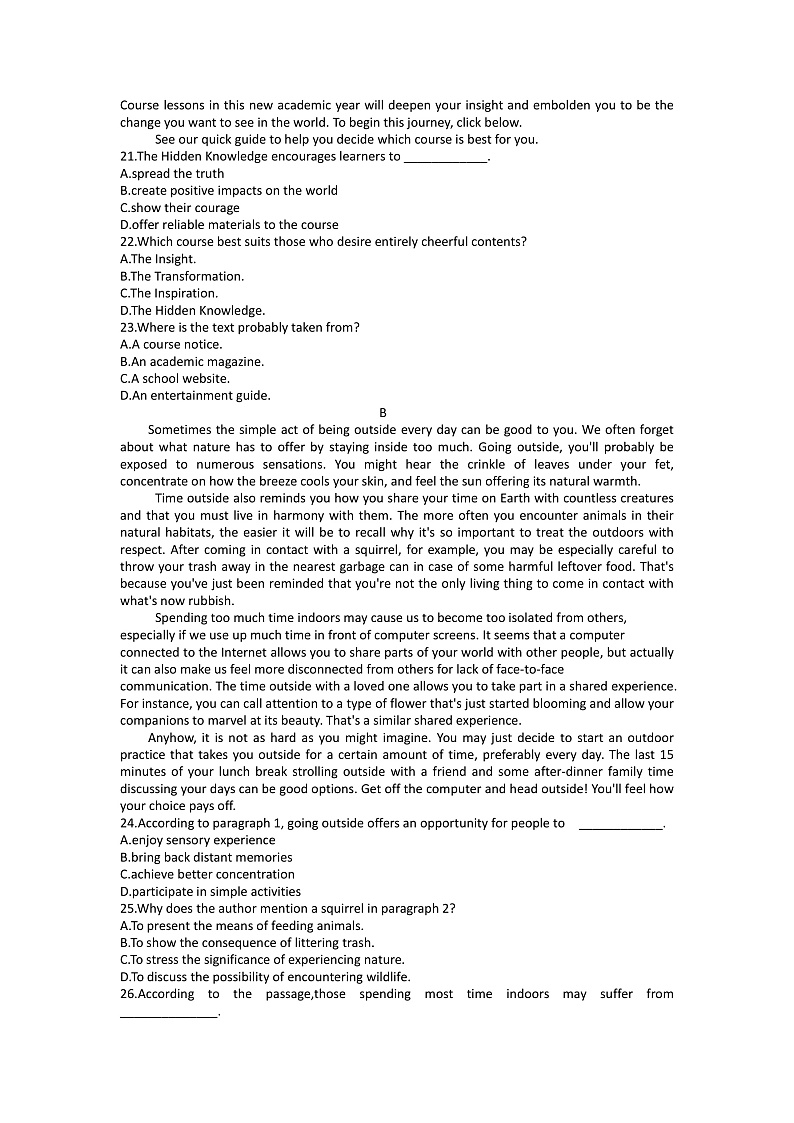 2023台州高三上学期第一次教学质量评估试题英语含答案03