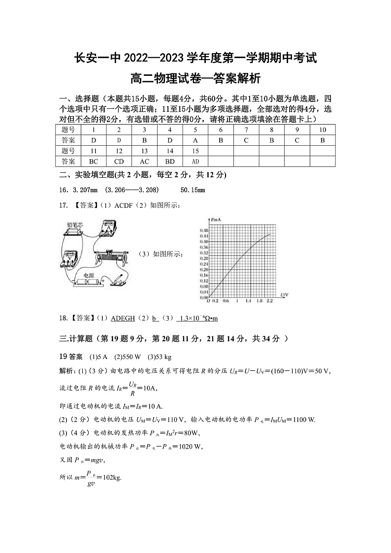 2023西安长安区一中高二上学期期中考试物理（理）试题含答案01