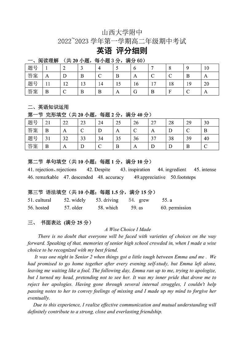 山西省太原市山西大学附属中学校2022-2023学年高二上学期11月期中考试英语评分细则第1页