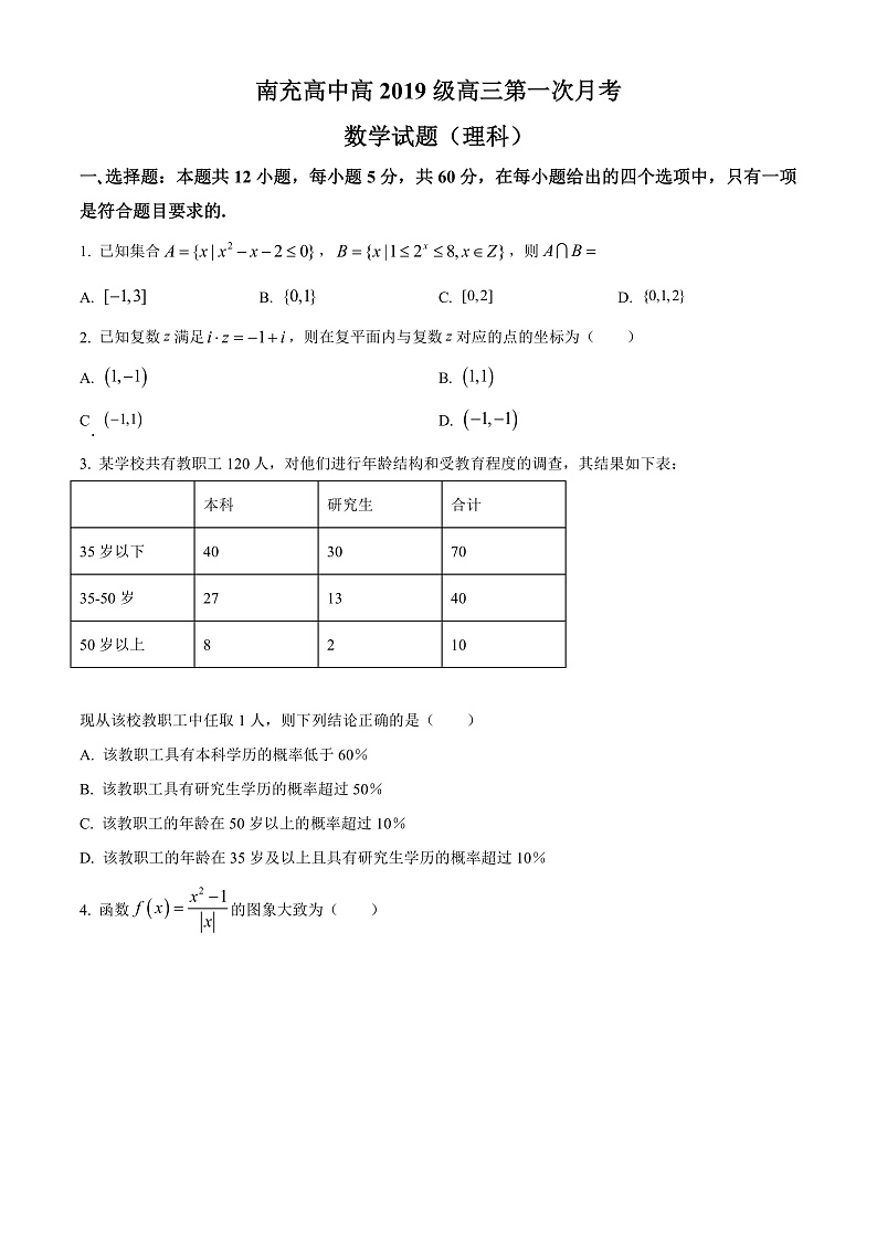 2022南充高级中学高三上学期第一次月考试题数学（理）含解析01