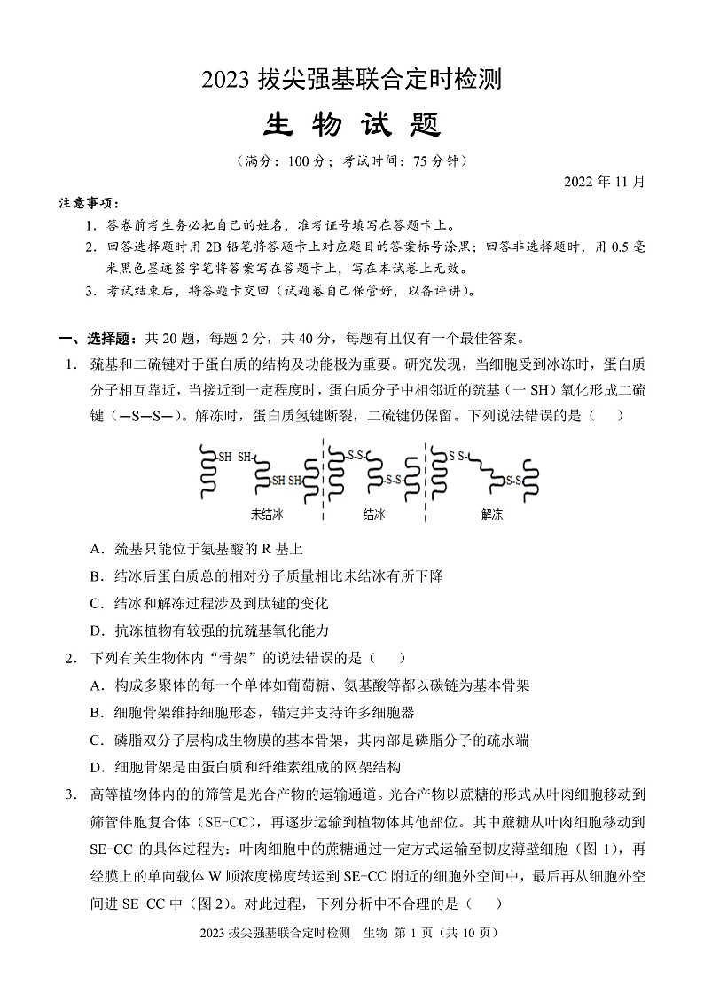 2023重庆市西南大附中高三上学期11月拔尖强基联合定时检测生物试题PDF版含答案（可编辑）01