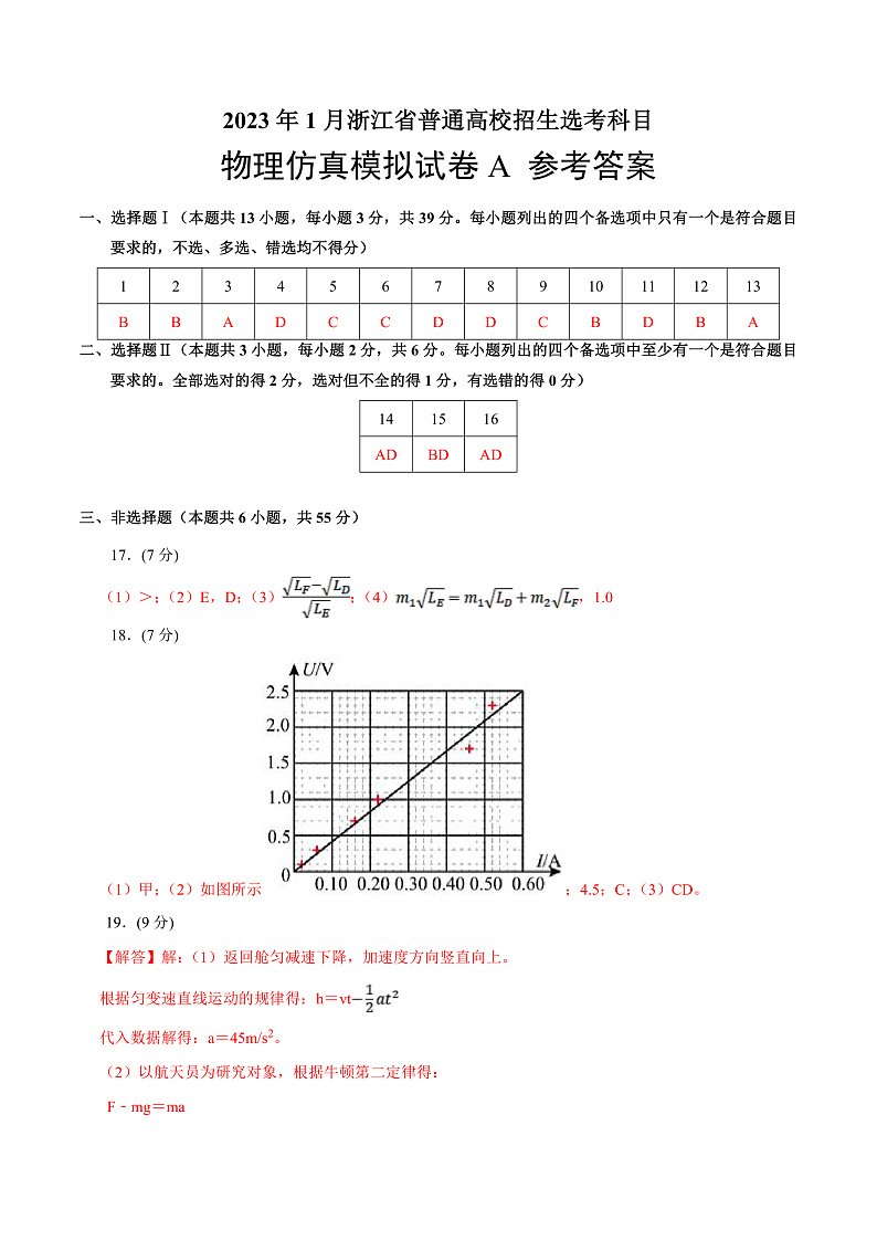 2023年1月浙江省普通高校招生选考科目考试物理仿真模拟试卷B（参考答案）第1页