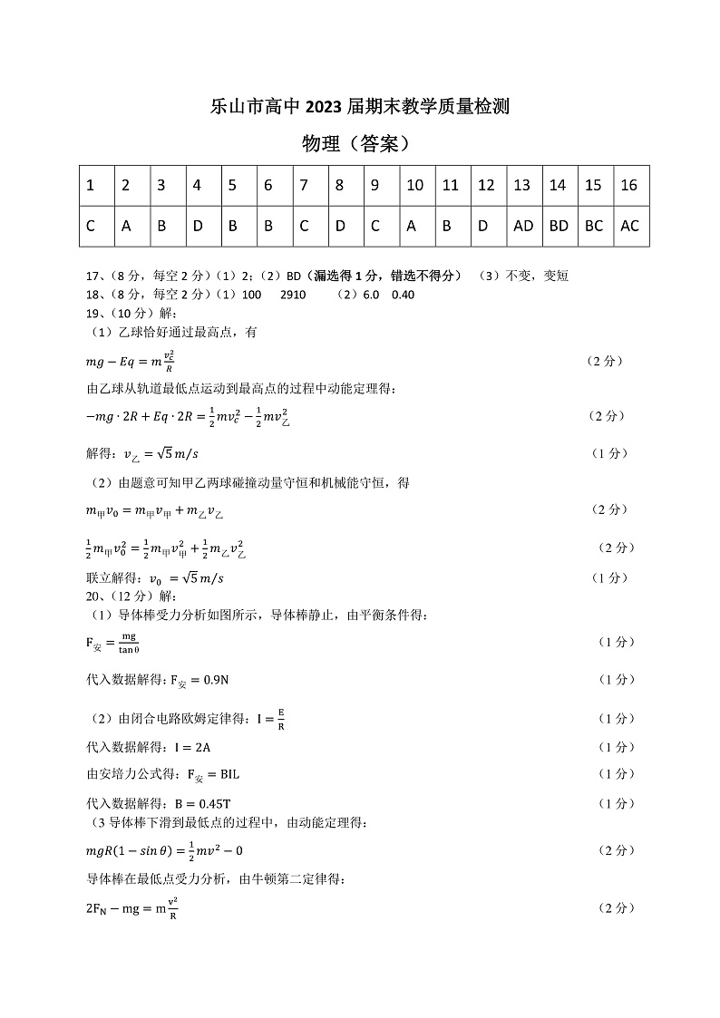 四川省乐山市2021-2022学年高二上学期期末教学质量检测物理答案第1页