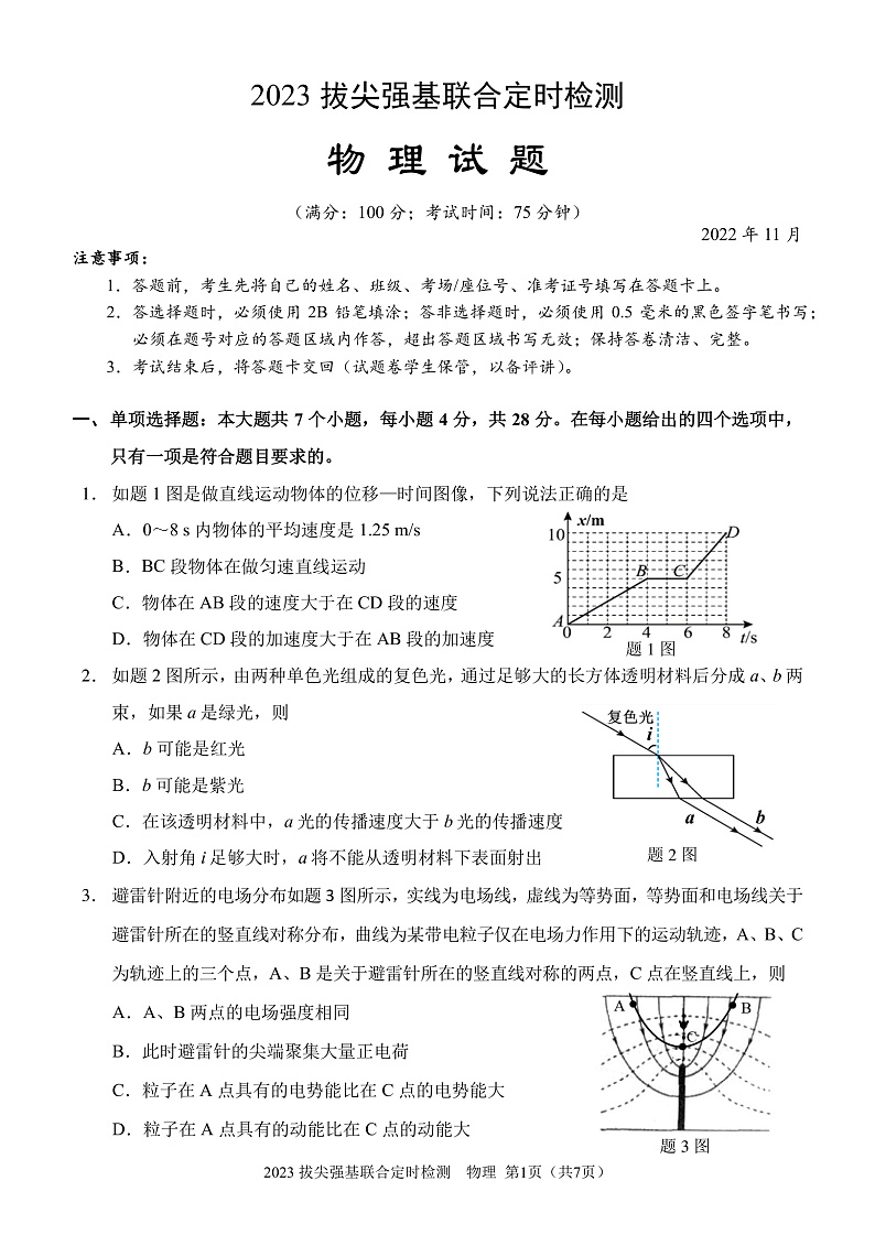 2023拔尖强基联合定时检测物理试题第1页