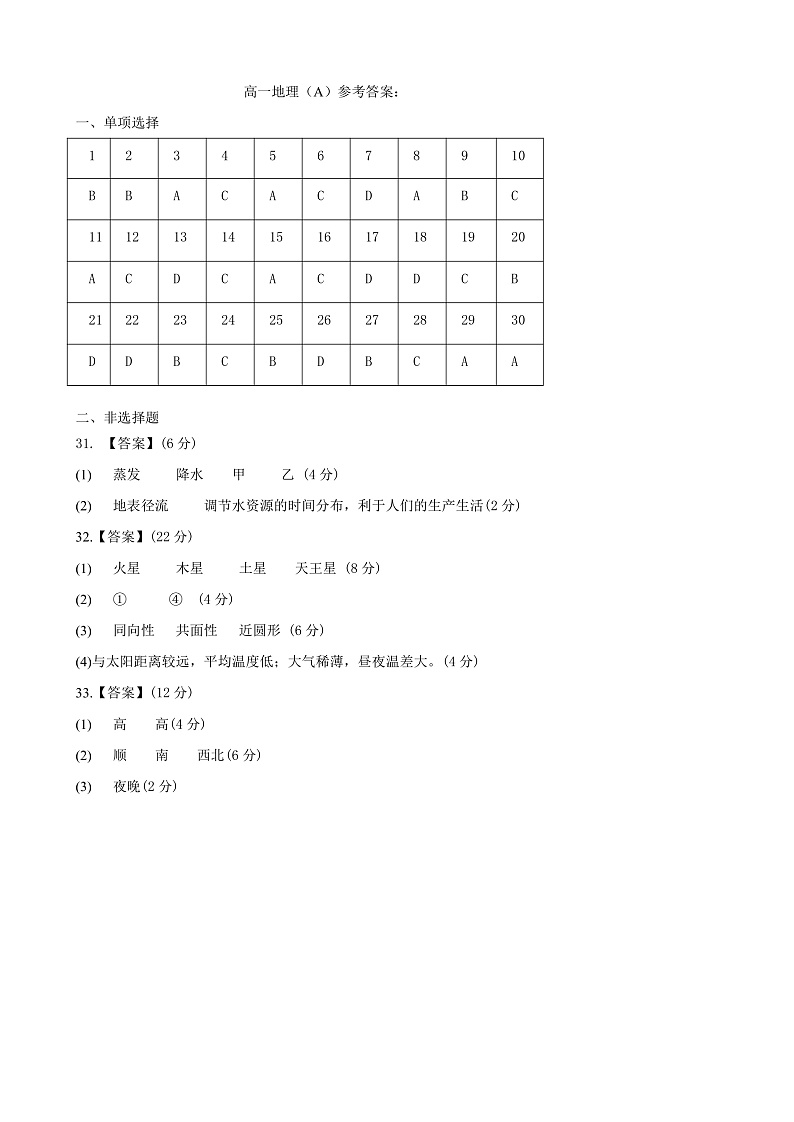 辽宁省鞍山市普通高中2022-2023学年高一上学期期中测试地理（A）答案第1页