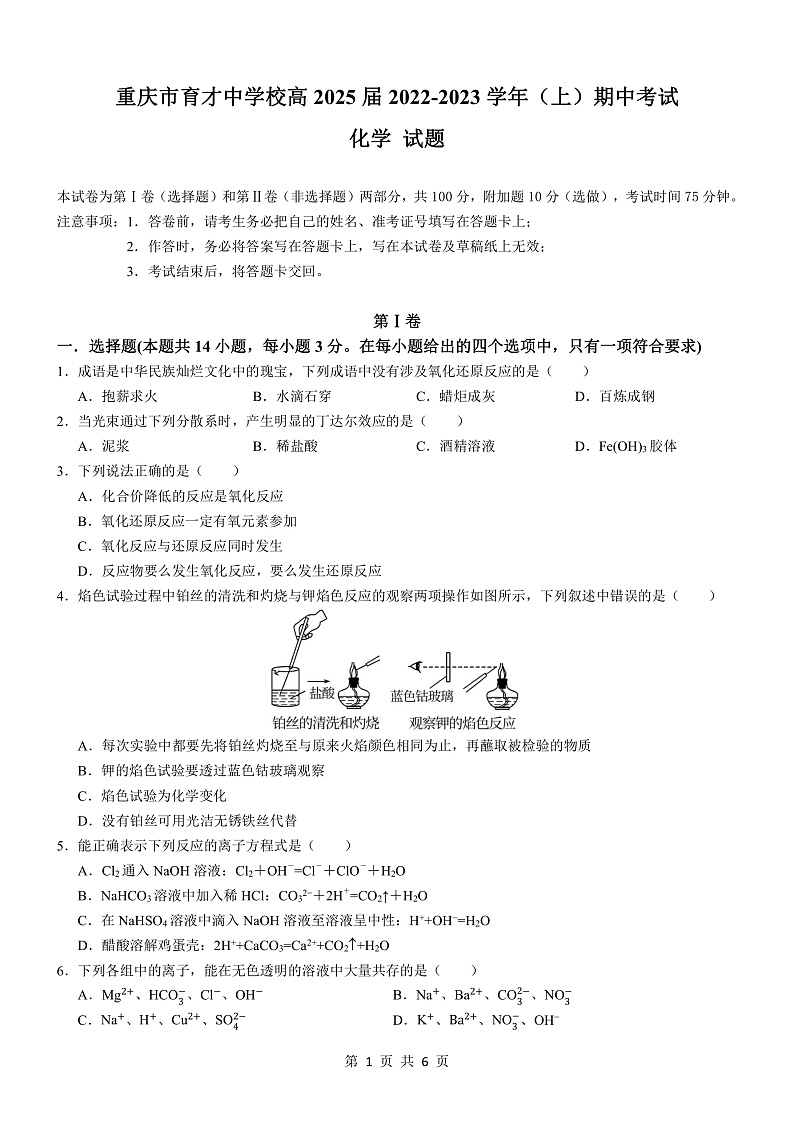 2023重庆市育才中学校高一上学期期中考试化学PDF版含答案（可编辑）01
