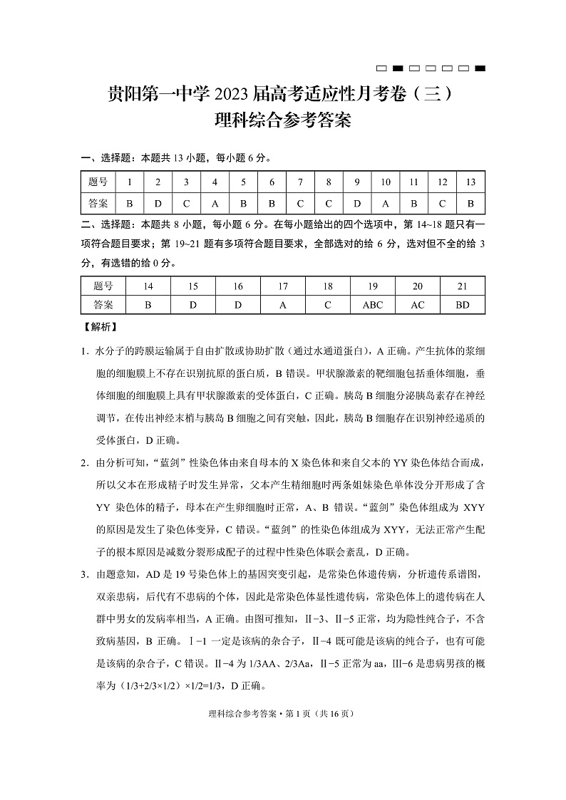 贵阳第一中学2023届高考适应性月考卷（三）理综-答案第1页