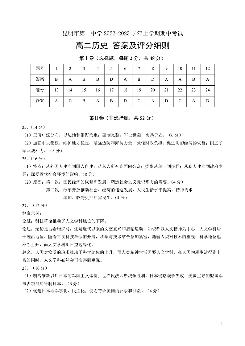 2022-2023学年云南省昆明市第一中学高二上学期期中考试历史试题 PDF版01