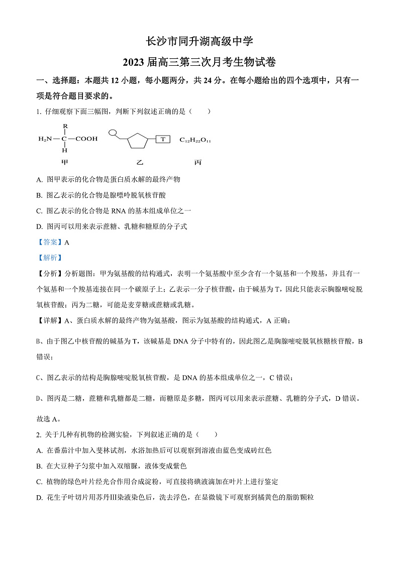 2023长沙同升湖实验学校高三上学期第三次月考生物试题含解析01