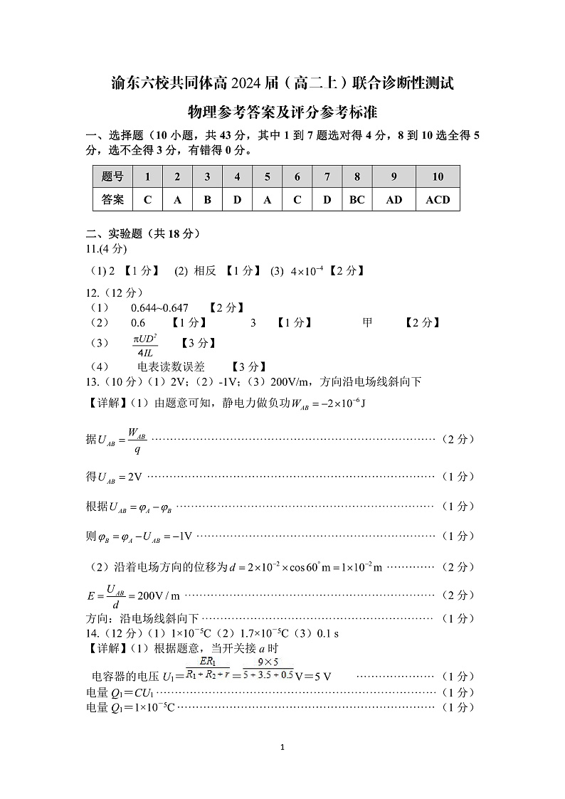 重庆市渝东六校共同体2022-2023学年高二上学期联合诊断考试物理答案第1页