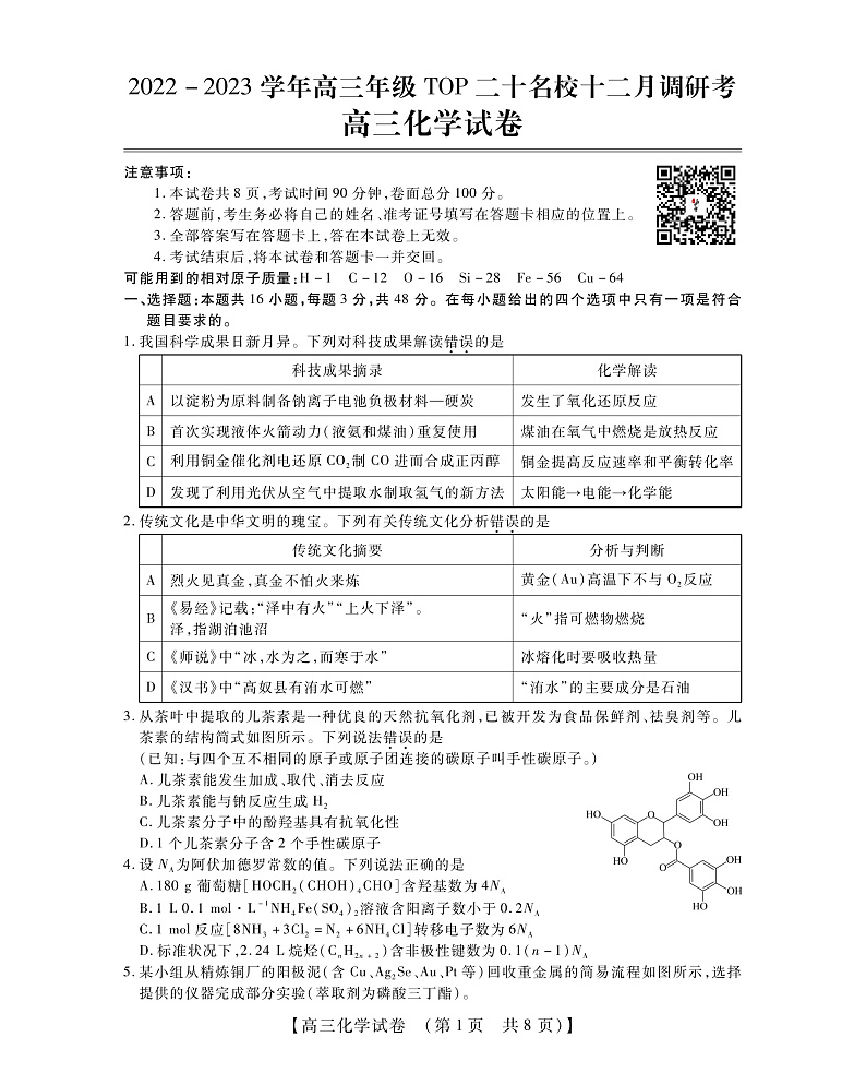 2023河南省TOP二十名校高三上学期12月调研考试化学PDF版含解析01