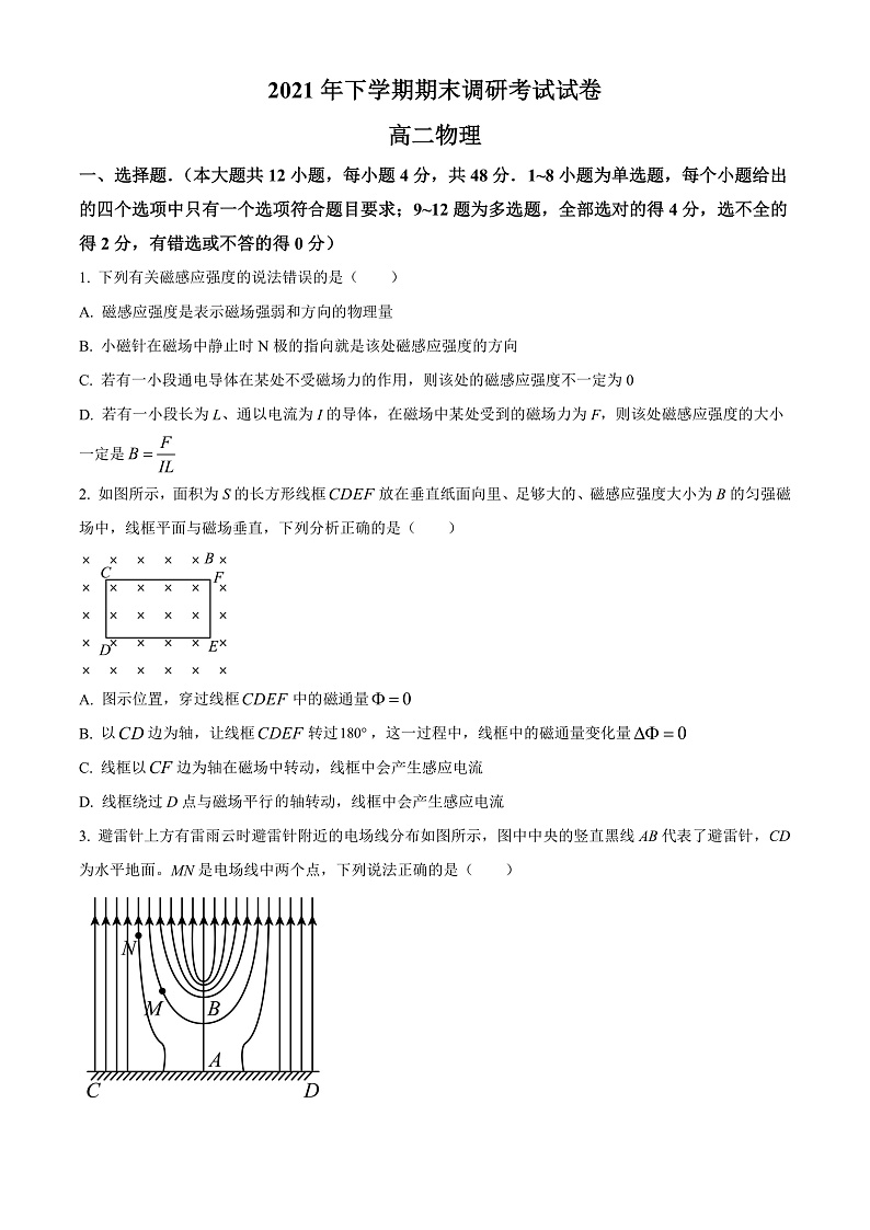 湖南省长沙市长沙县、望城区、浏阳市2021-2022学年高二上学期期末调研考试物理试题  Word版无答案第1页