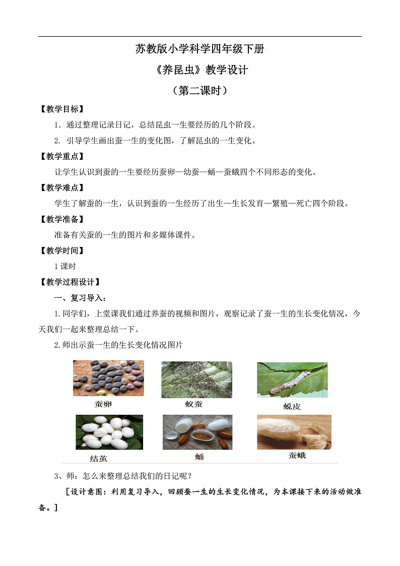 苏教版小学科学四年级下册第三单元【10.养昆虫】（第二课时）教案第1页