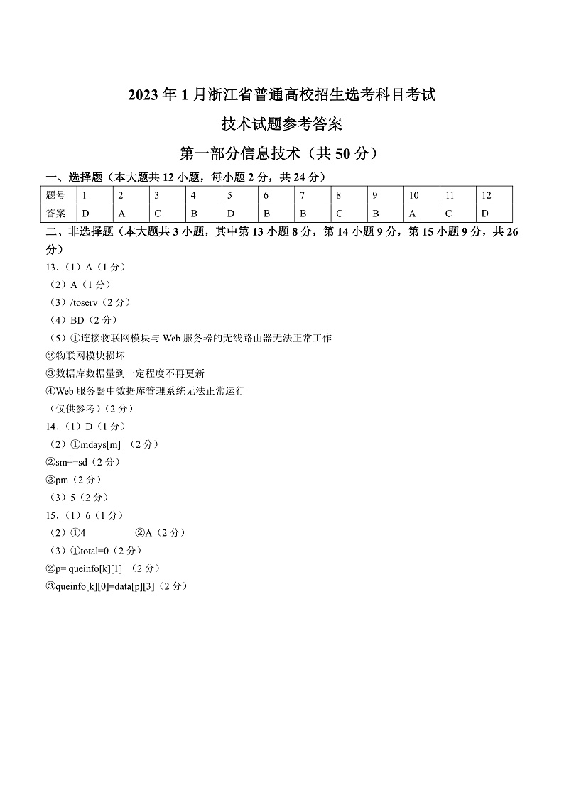 20231月浙江省普通高校招生选考科目考试信息技术含答案01