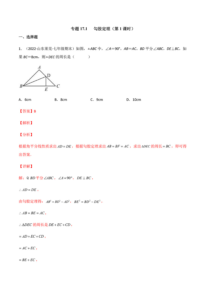 专题17.1  勾股定理（第1课时）（备作业）精编八年级数学下册同步备课系列（人教版）（解析版）第1页
