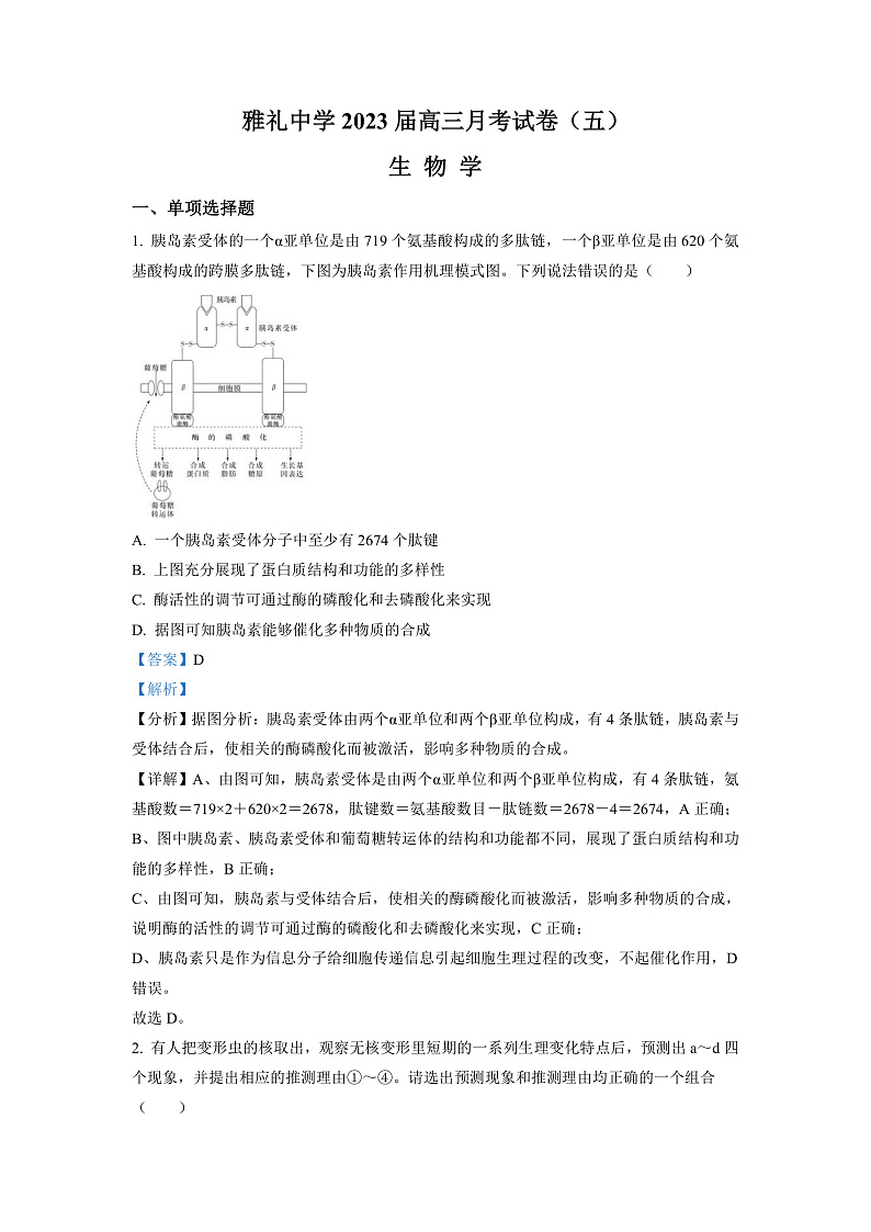 湖南省长沙市雅礼中学2022-2023学年高三上学期月考卷（五）生物试题（解析版）第1页
