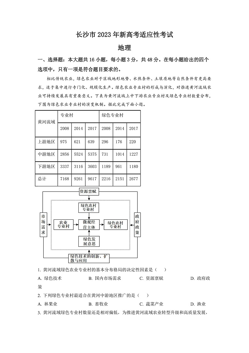 2023长沙高三新高考适应性考试地理试卷含解析01