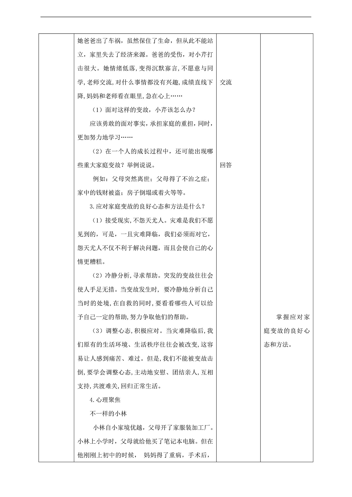川教版生命生态安全八年级下册4《坚强应对家庭变故》 教案第2页