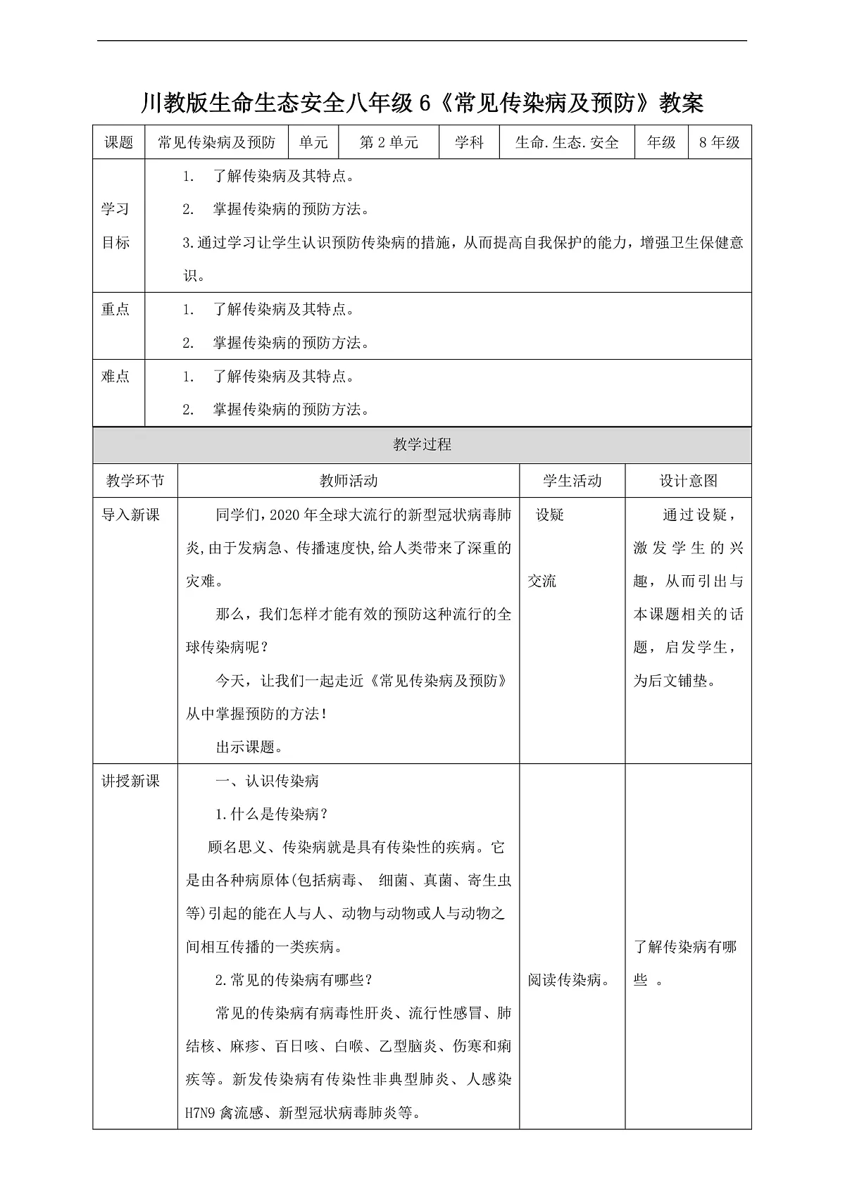 川教版生命生态安全八年级下册6《常见传染病及预防》教案第1页
