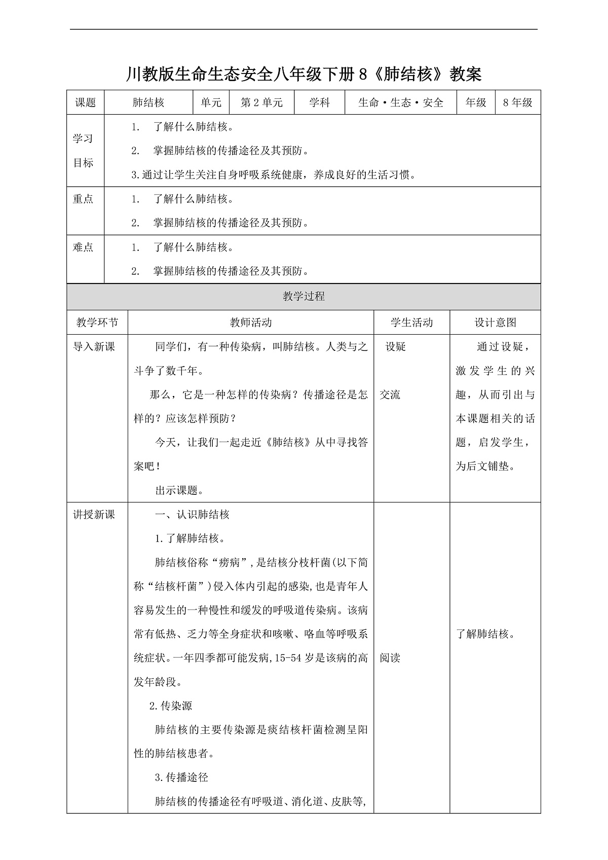川教版生命生态安全八年级下册8《肺结核》教案第1页