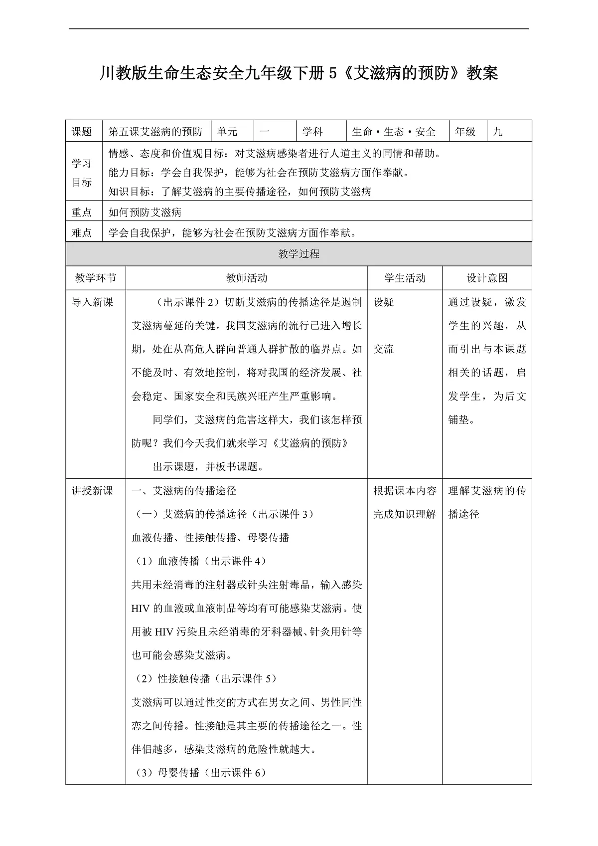 川教版生命生态安全九年级下册5《艾滋病的预防》教案第1页