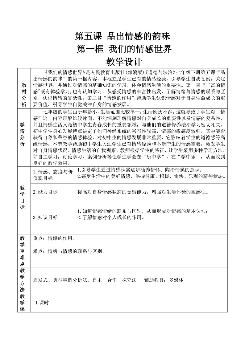 5.1我们情感世界 教案第1页