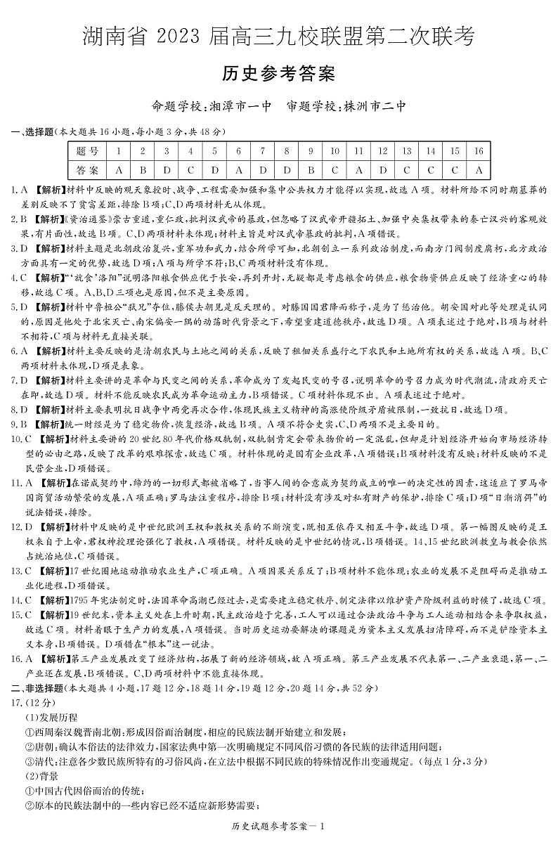 2023湖南省九校联盟高三下学期第二次联考历史试卷含答案01