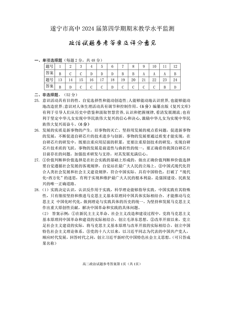 2023遂宁高二下学期期末监测政治试题含答案01