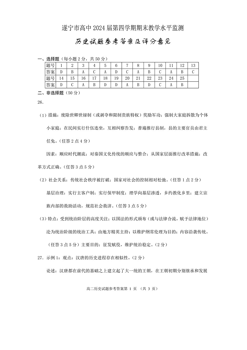 2023遂宁高二下学期期末监测历史试题含答案01