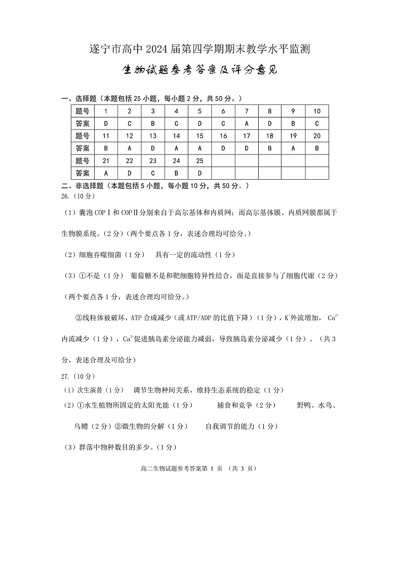 2023遂宁高二下学期期末监测生物试题含答案01