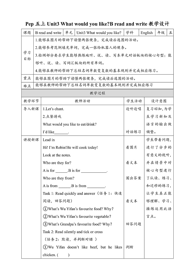人教版英语五年级上册 Unit3 What would you like B read and write 课件+教案+练习+素材01