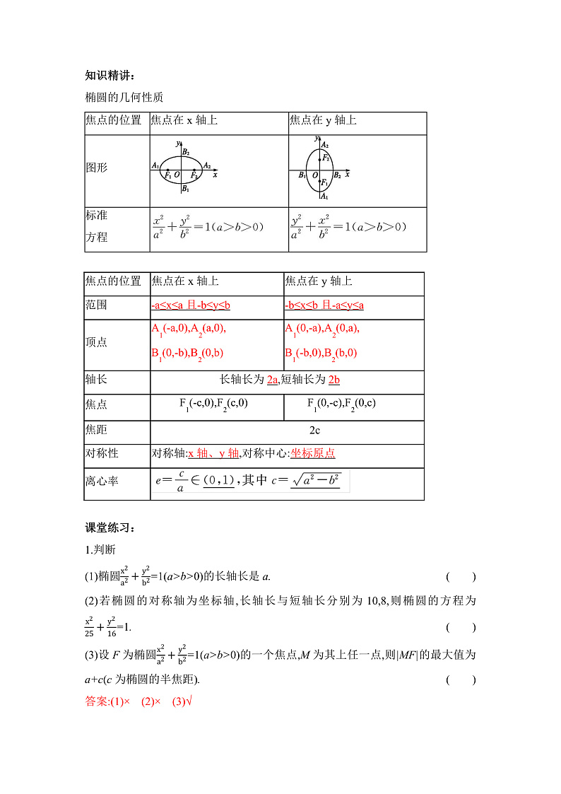 【核心素养目标】人教A版高中数学 选择性必修一 《3.1.2椭圆的简单几何性质（1）》 教案（含教学反思）第3页